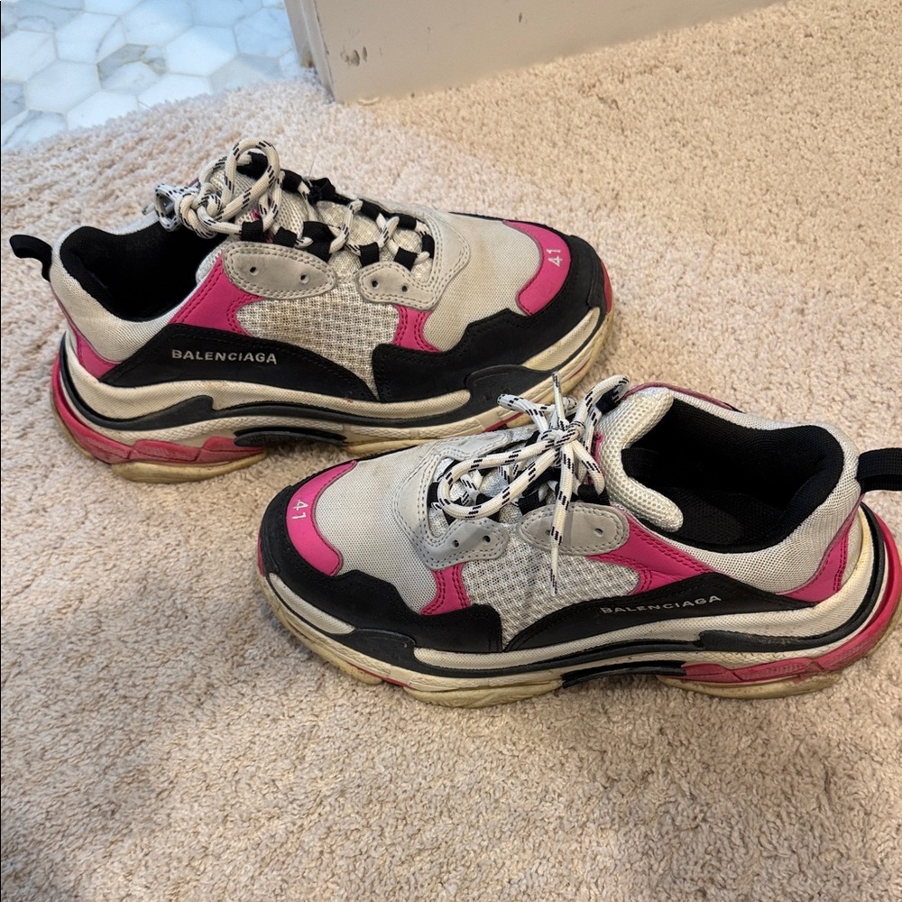 Balenciaga White Black and Pink Triple S Sneakers